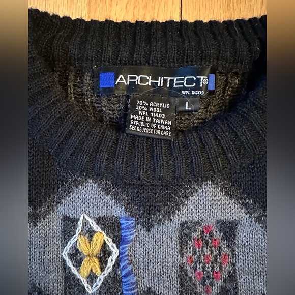 Architect Mens Vintage Wool Blend Gray Multicolor Geometric Pattern Sweater, L - Picture 2 of 5